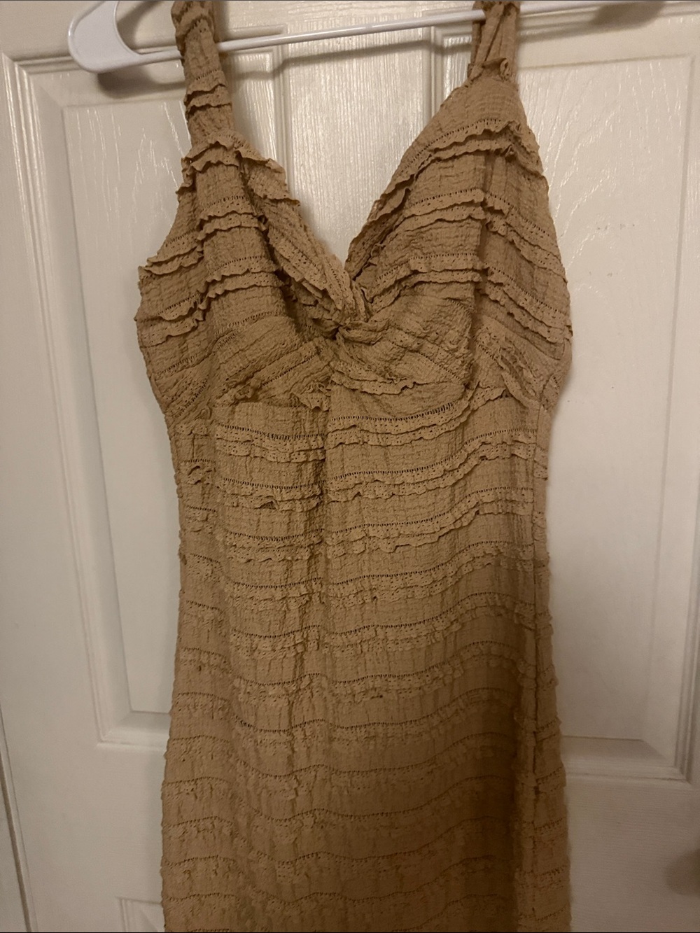Textured Tan Sleeveless Midi Dress with V-Neck Twist. Great fabric. Never worn. - Picture 2 of 2
